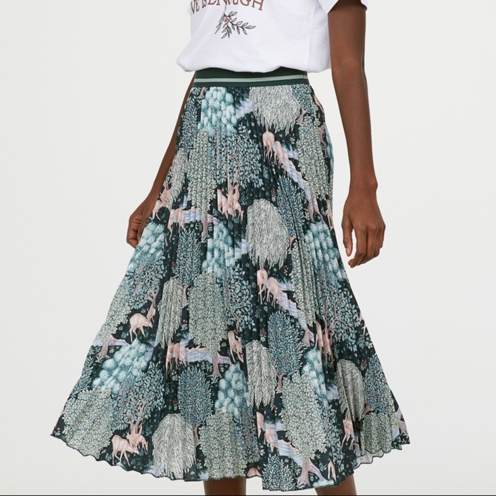 H&M X Morris & Co turquoise green pink deer tree print pleated midi skirt